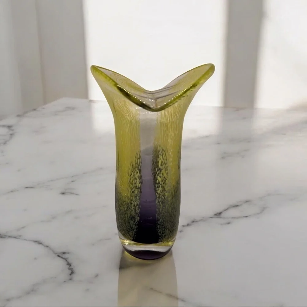Teleflora Speckled Art Glass Vase Purple Green Flared Lip Hand Blown 8 Inch